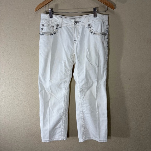 Miss Me Pants - Y2K MISS ME Women's Cuffed Capri White Embellised Embroidered Jeans Sz 28 Grunge